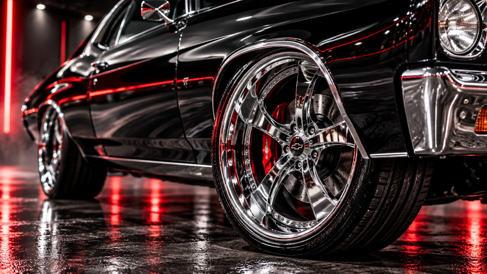 Detail close-up of polished wheel, chrome, and body reflections